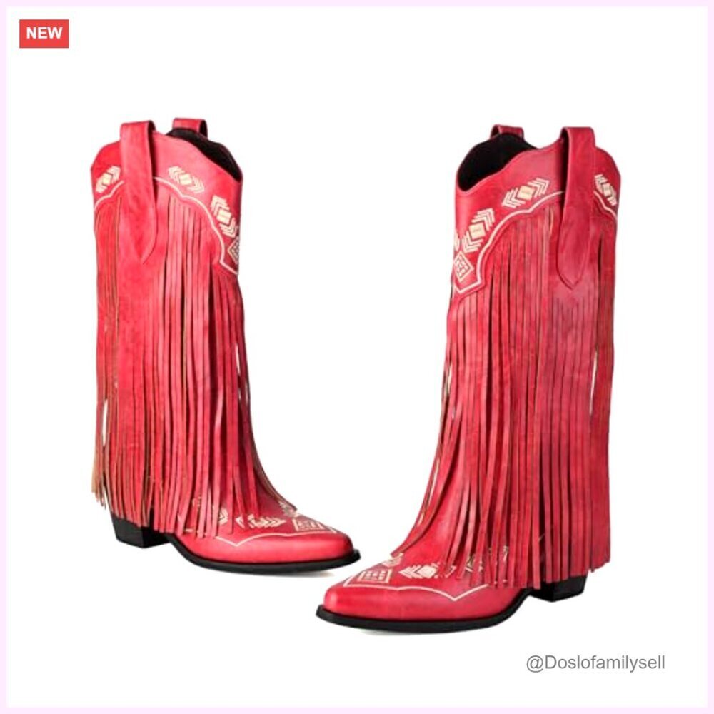 Embroidered Fringe Cowboy Boots, Pull On Mid Calf Chunky Heel Pointed Toe - Picture 6 of 7